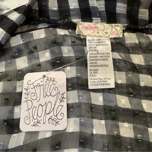 Free People Picnic Plaid Tie Front Gingham Ruffle Top Black‎ White OS NWT - Picture 6 of 7